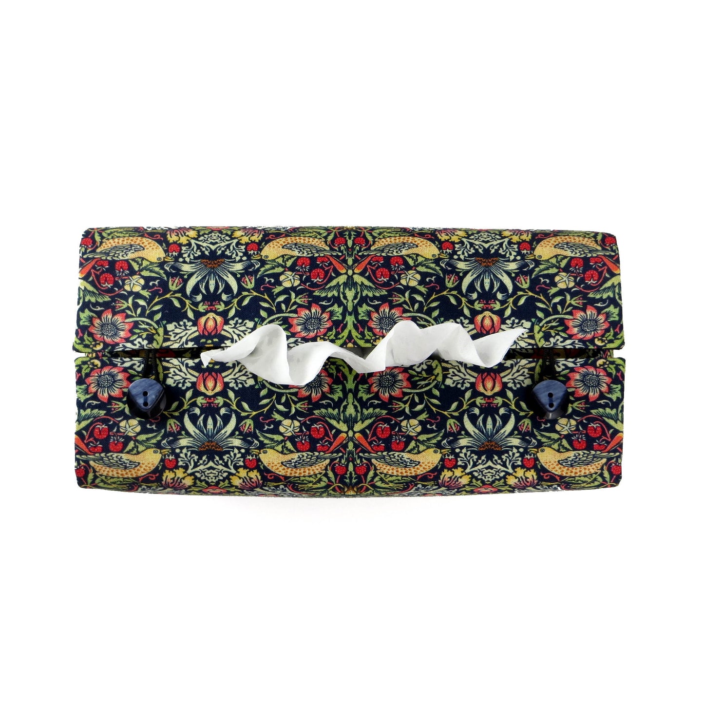 Rectangle tissue box cover with birds and berries design on dark blue background