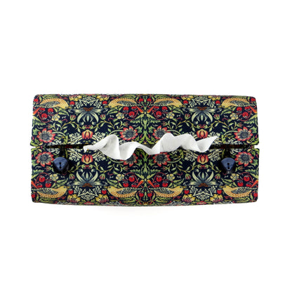 Rectangle tissue box cover with birds and berries design on dark blue background