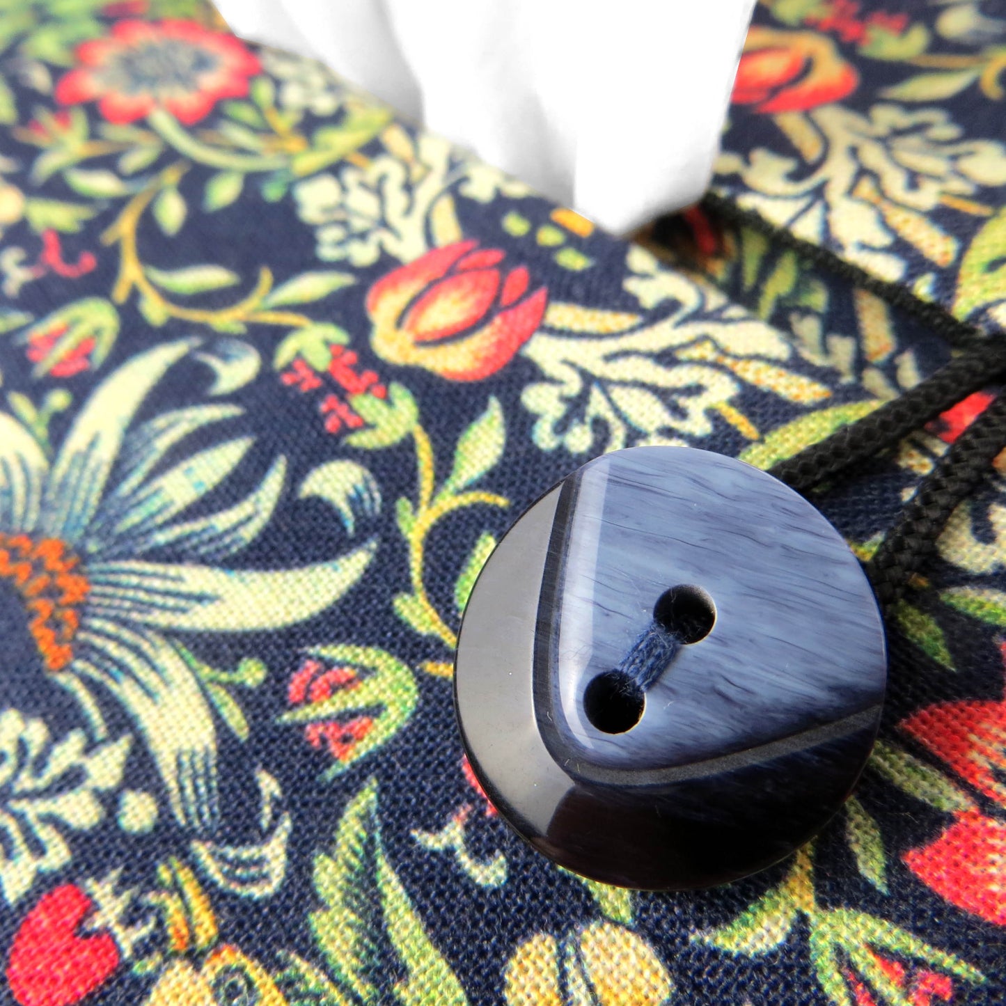 Rectangle tissue box cover with birds and berries design on dark blue background