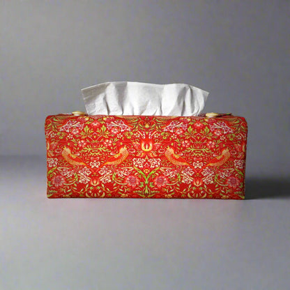 Rectangle tissue box cover with birds and berries design on red background