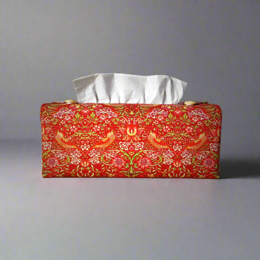 Rectangle tissue box cover with birds and berries design on red background
