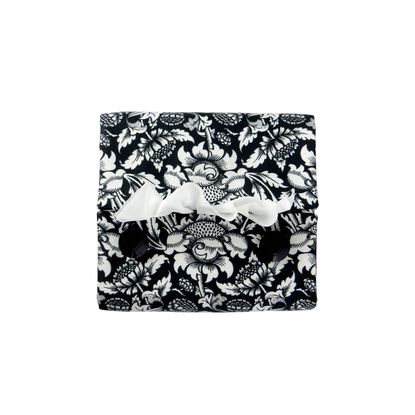 Square tissue box cover with white flowering vine design on black background