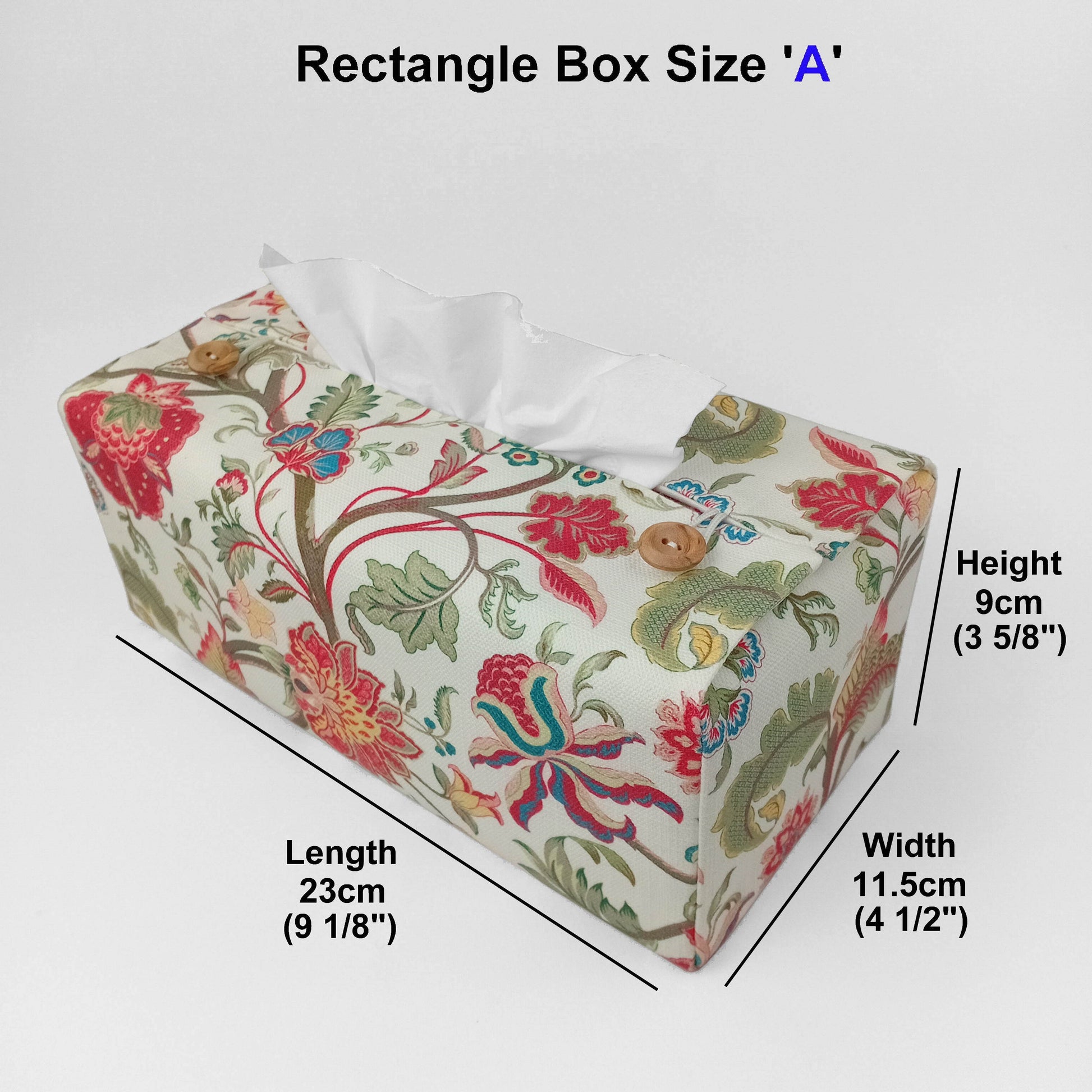 Rectangular tissue box cover with floral design and measurements