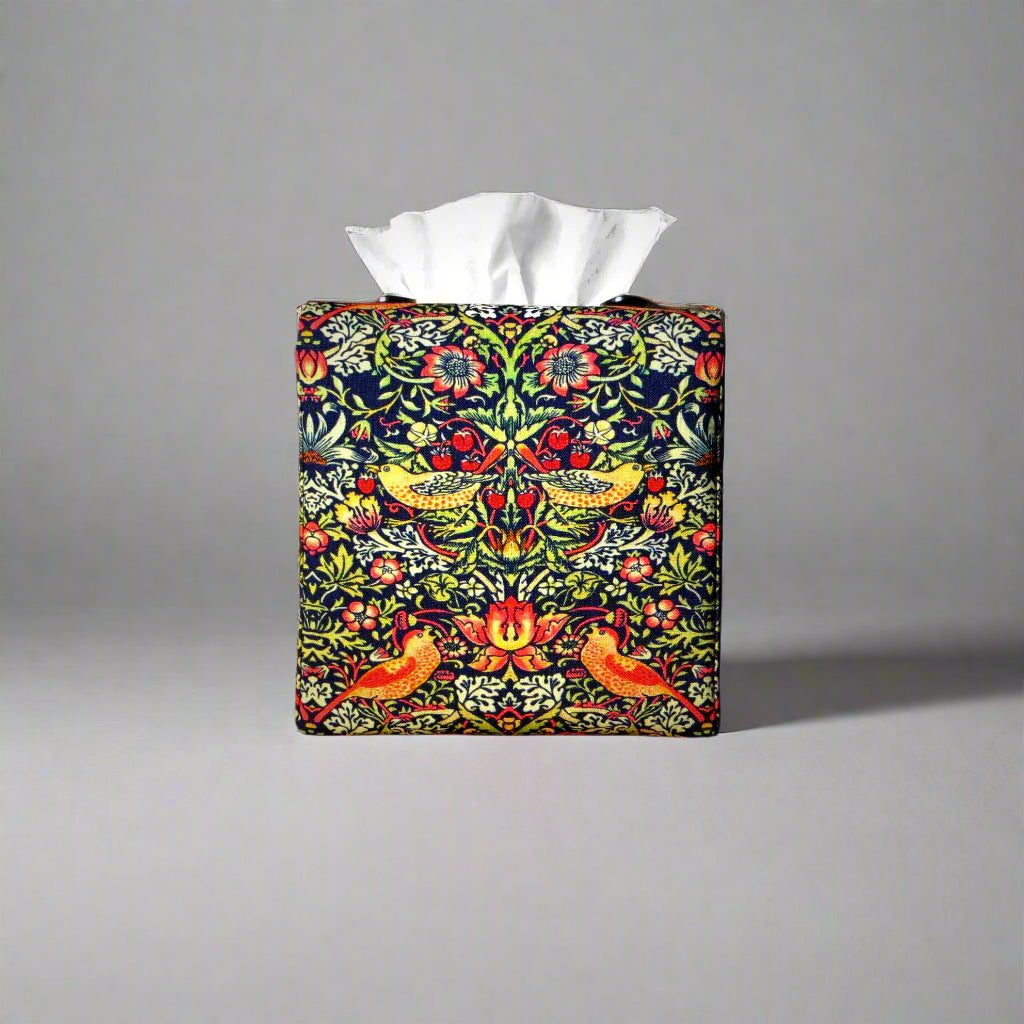 Square tissue box cover with birds and berries design on dark blue background