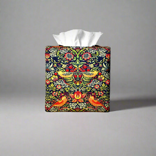 Square tissue box cover with birds and berries design on dark blue background