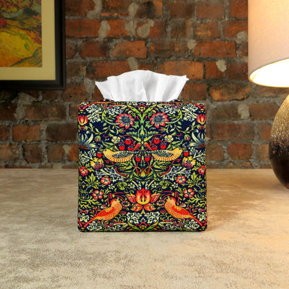 Square tissue box cover with birds and berries design on dark blue background