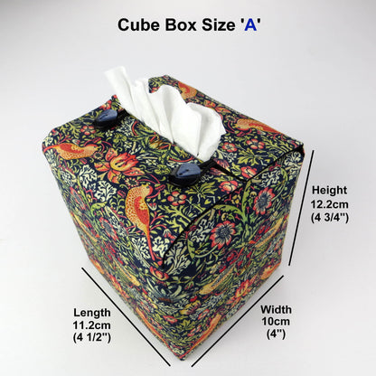 Square tissue box cover with birds and berries design on dark blue background