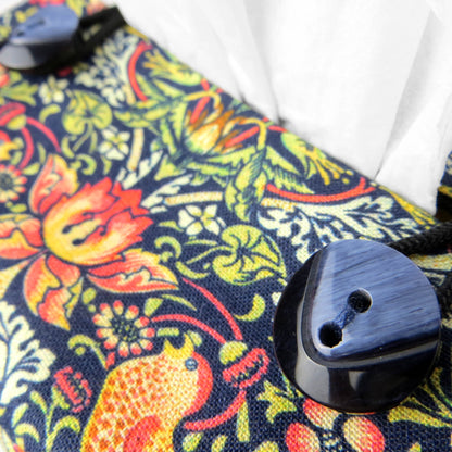 Square tissue box cover with birds and berries design on dark blue background