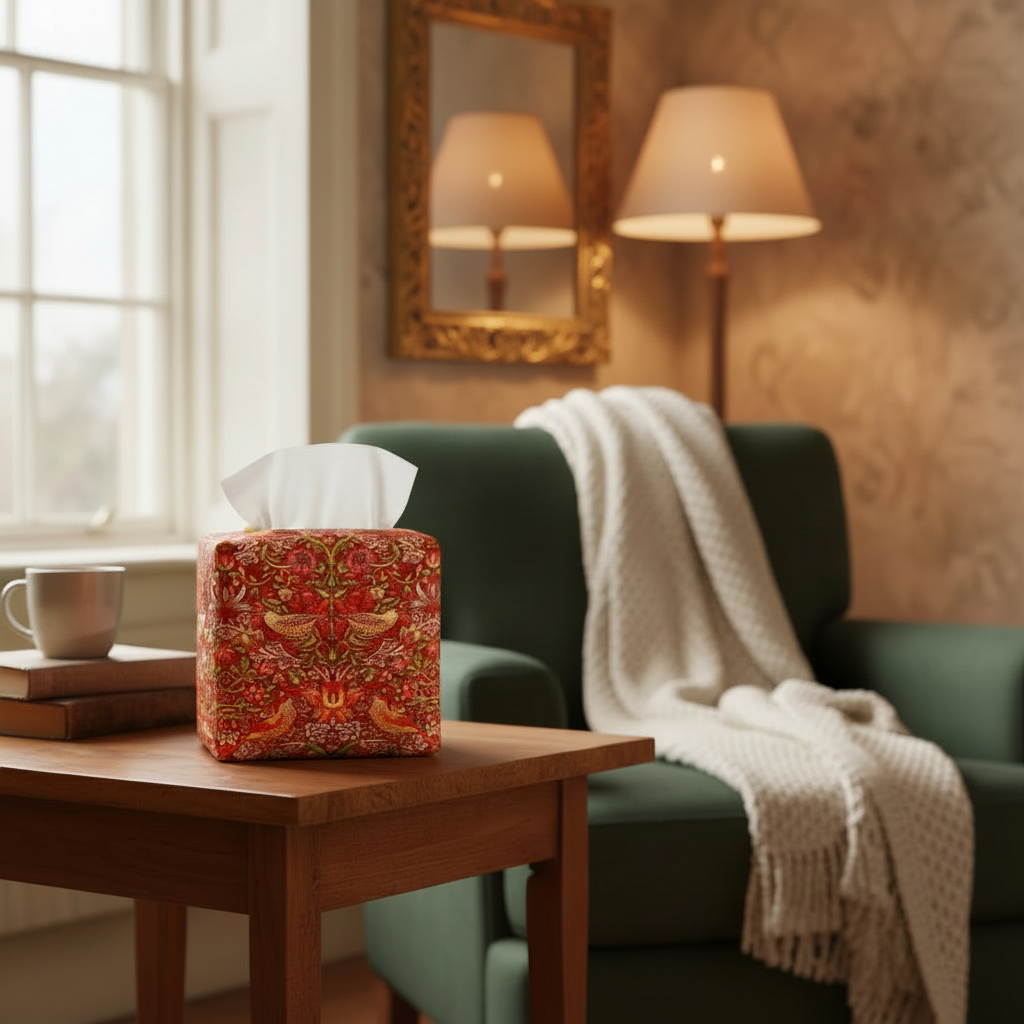 Square tissue box cover sitting on a side table in a home living room
