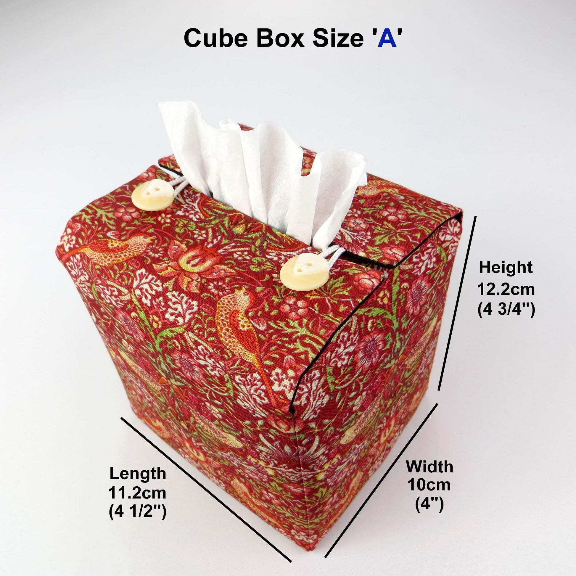 Square tissue box cover with product details