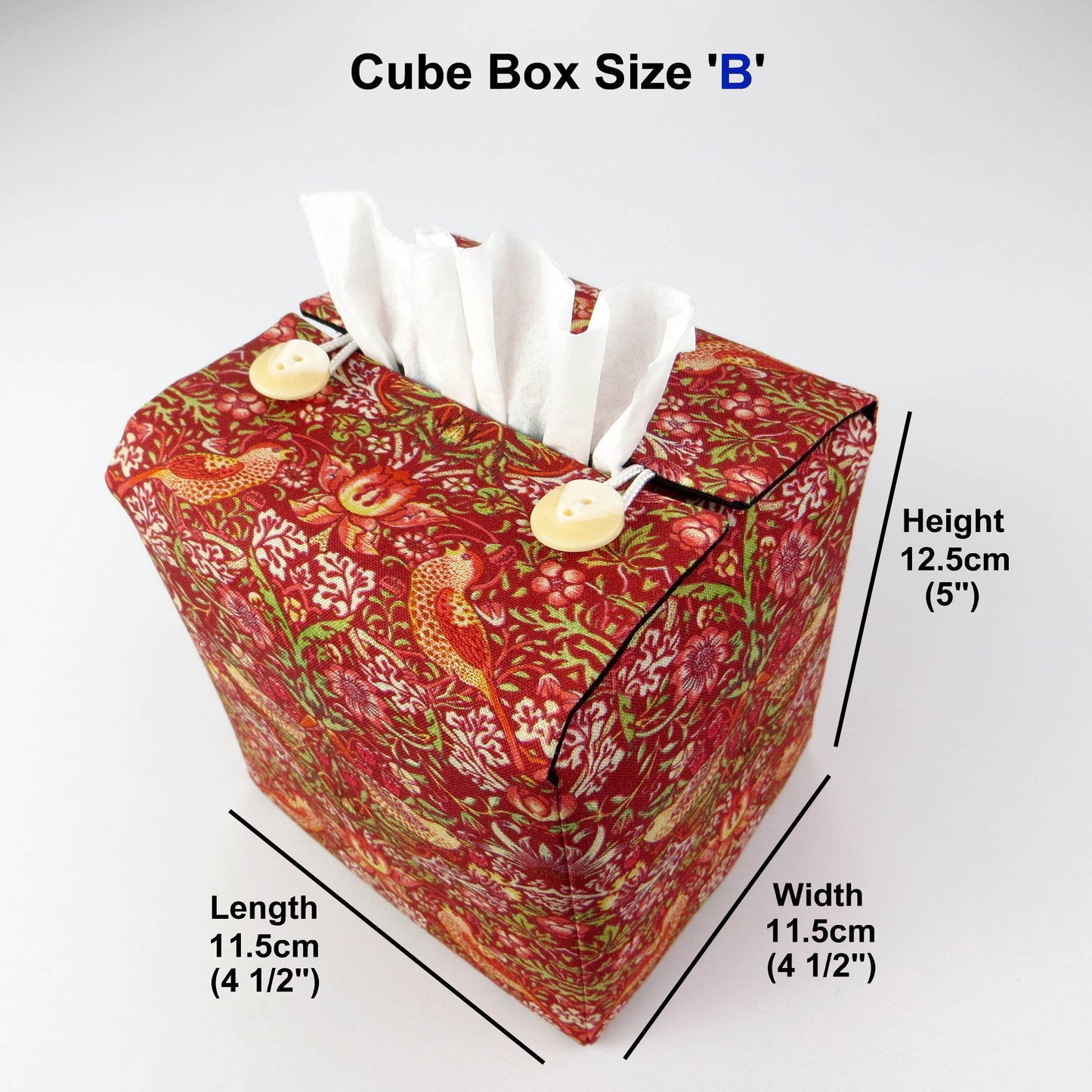 Square tissue box cover with product details