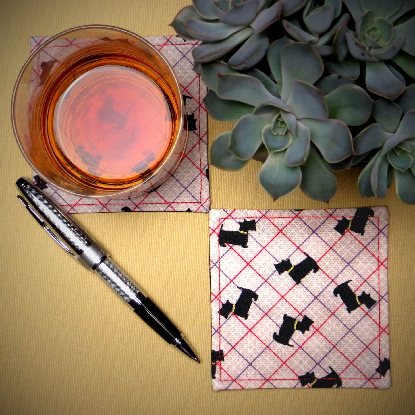 Square Fabric Coaster Set of 2 - Scottie Dogs