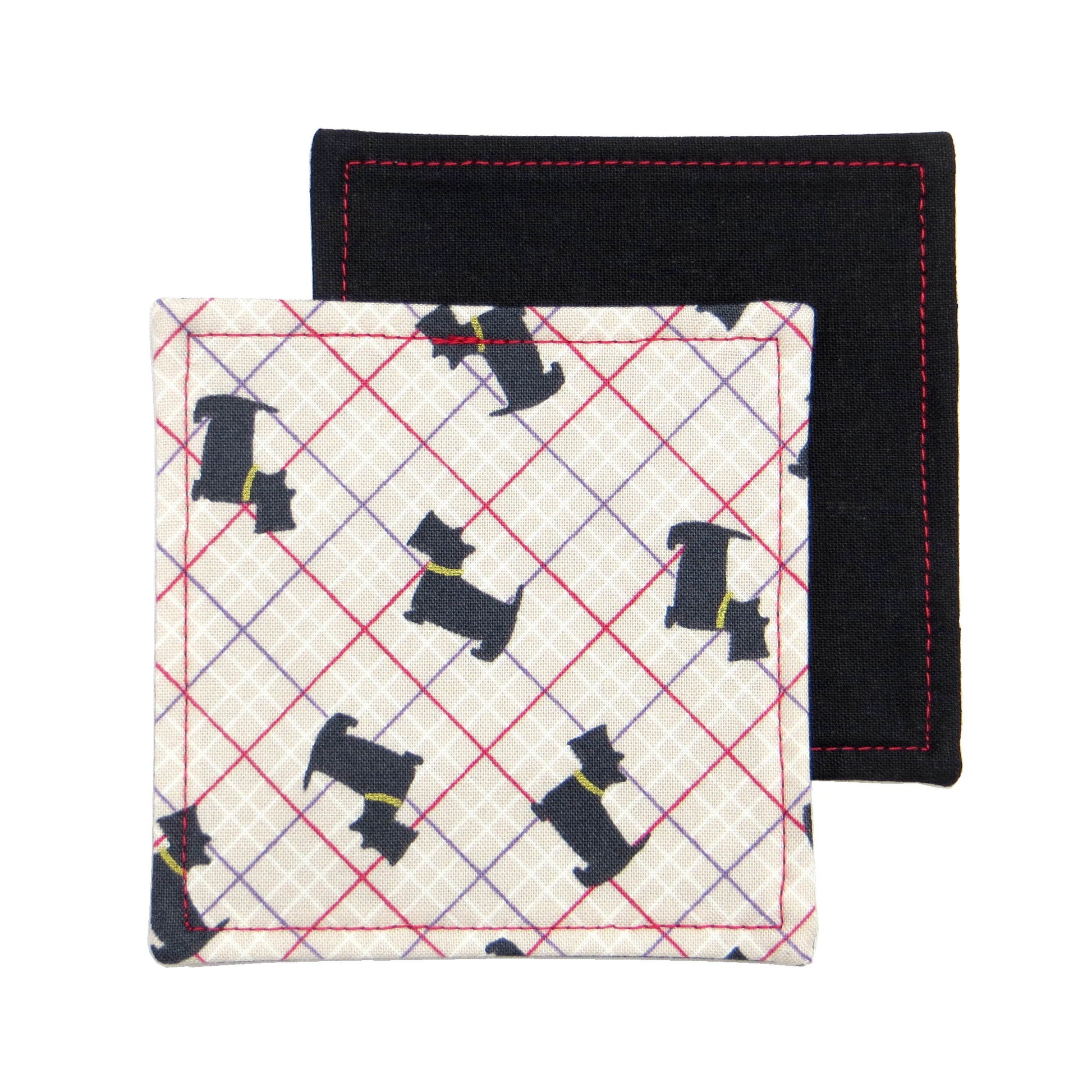 Square coasters with Scottish Terrier dogs design on beige background with red, purple, and white grid