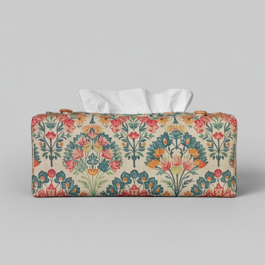 Linen tissue box cover with a colourful floral bouquet pattern on an antiqued tan background