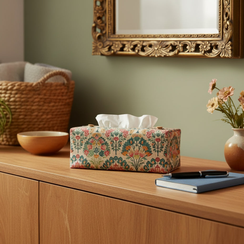 Linen tissue box cover sitting on a cabinet in a contemporary home hallway