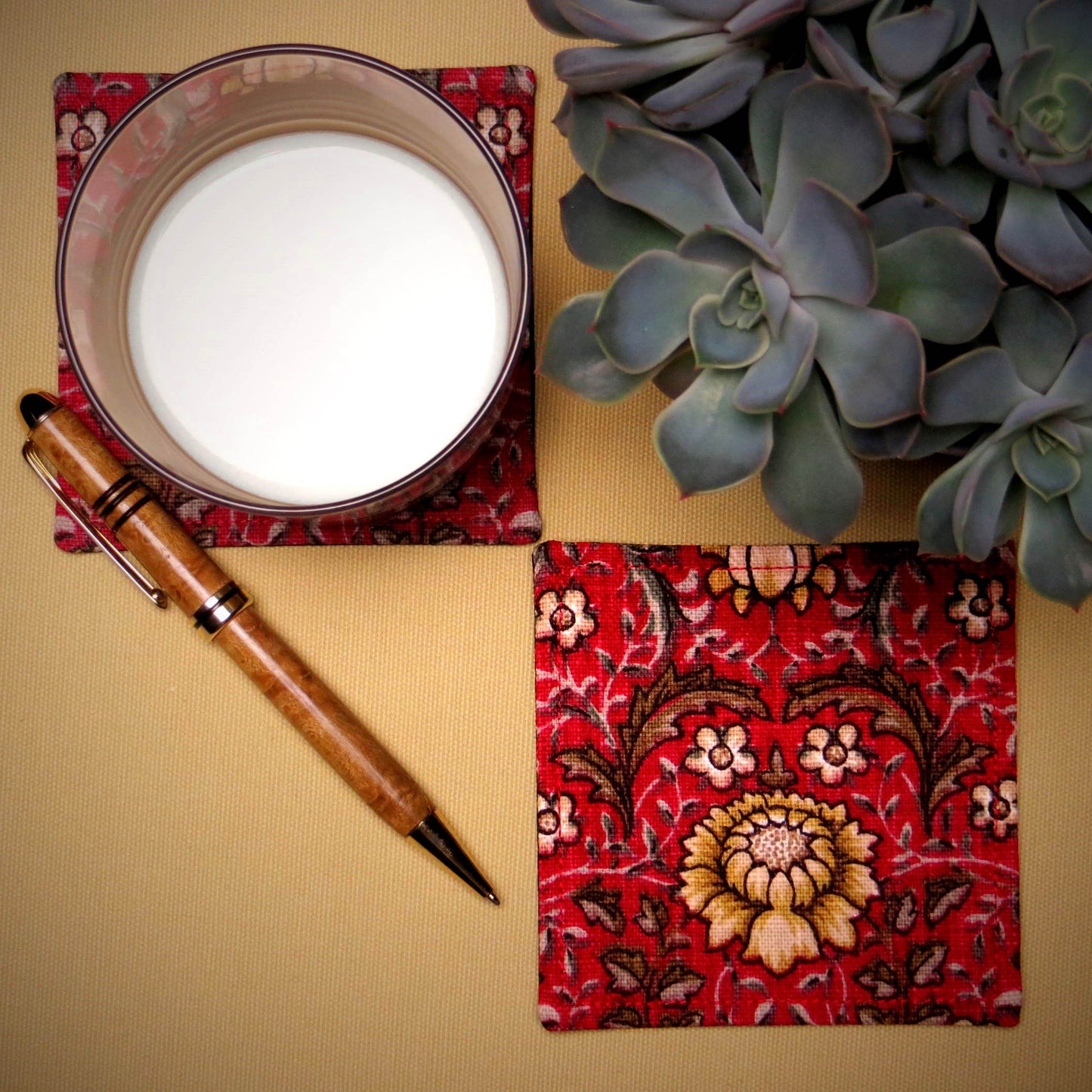 Square Fabric Coaster Set of 2 - Red Flowering Vines