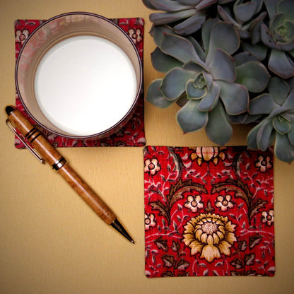 Square Fabric Coaster Set of 2 - Red Flowering Vines