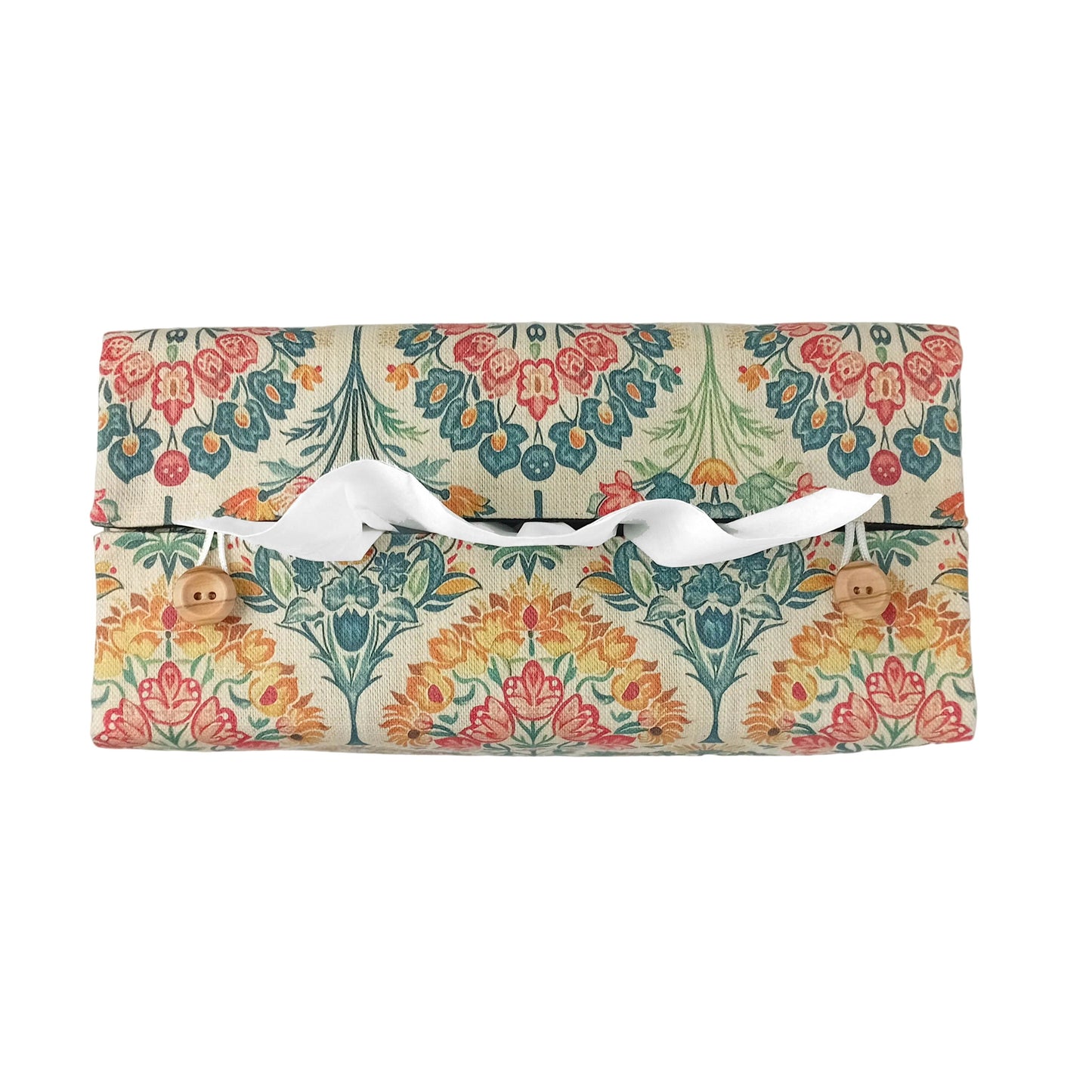 Top view of linen tissue box cover with buttons