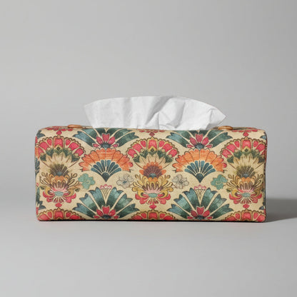 Linen tissue box cover with a colourful folding fan motif pattern on an antiqued tan background