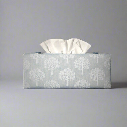 Printed cotton rectangle tissue box cover with white mulberry tree design on light blue background