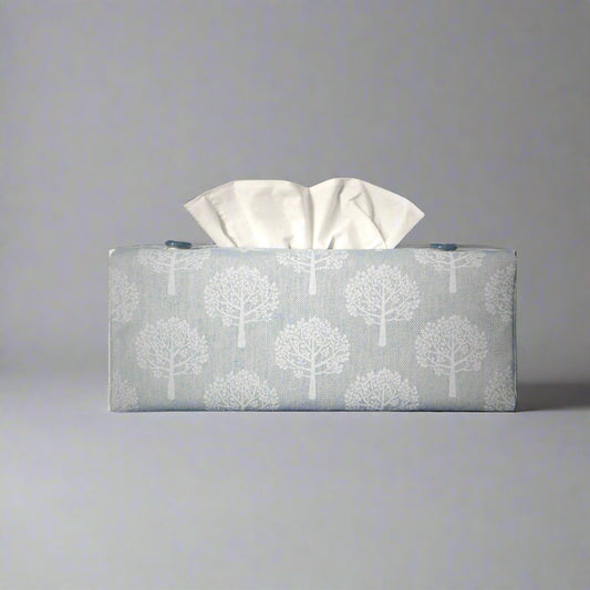 Printed cotton rectangle tissue box cover with white mulberry tree design on light blue background