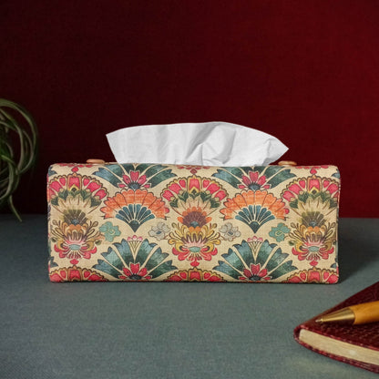 Linen tissue box cover with a colourful folding fan motif pattern on an antiqued tan background