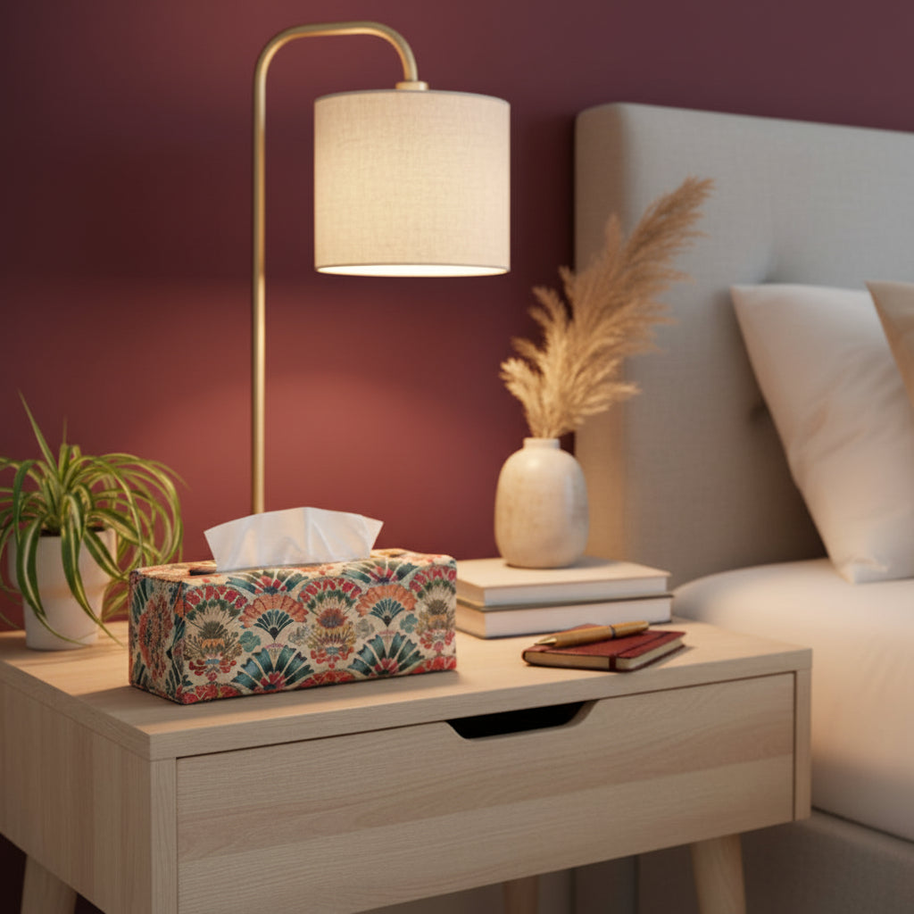 Linen tissue box cover with a colourful folding fan motif pattern on an antiqued tan background