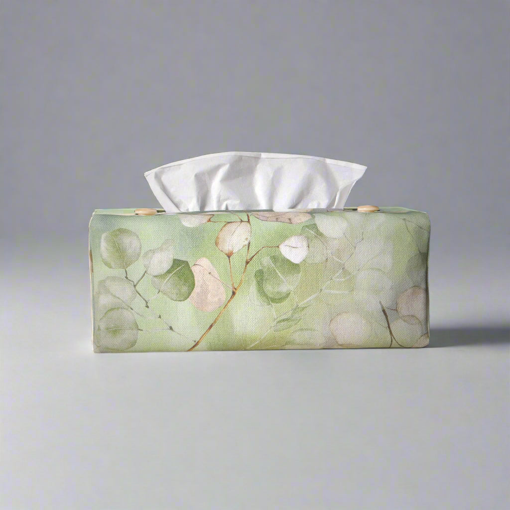 Printed cotton rectangle tissue box cover with lunaria leaf design on green background
