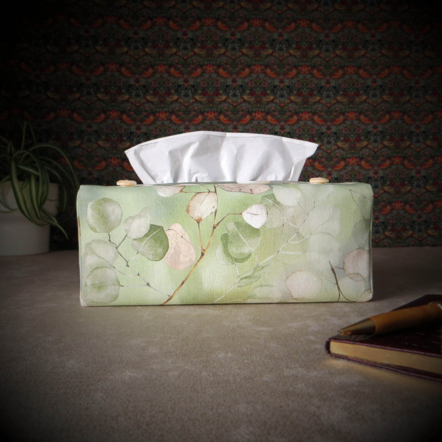 Rectangular Fabric Tissue Box Cover - Lunaria Leaves on Green