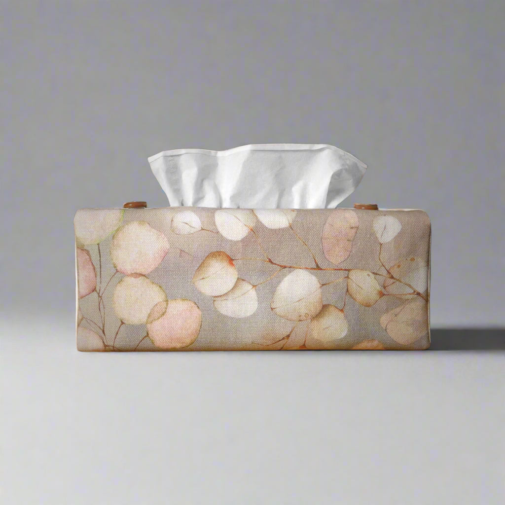 Printed cotton rectangle tissue box cover with lunaria leaf design on brown background