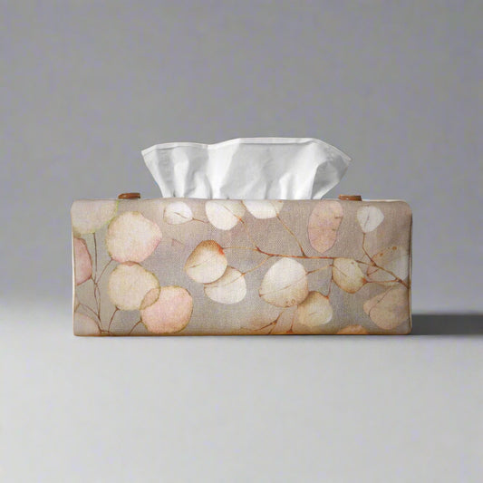 Printed cotton rectangle tissue box cover with lunaria leaf design on brown background
