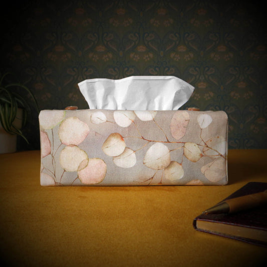 Rectangular Fabric Tissue Box Cover - Lunaria Leaves on Brown