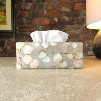 Printed cotton rectangle tissue box cover with lunaria leaf design on brown background