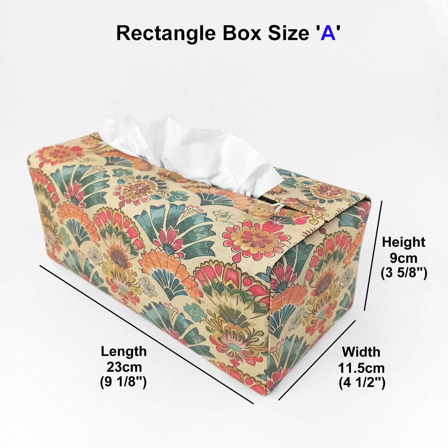 Linen tissue box cover with a colourful folding fan motif pattern on an antiqued tan background