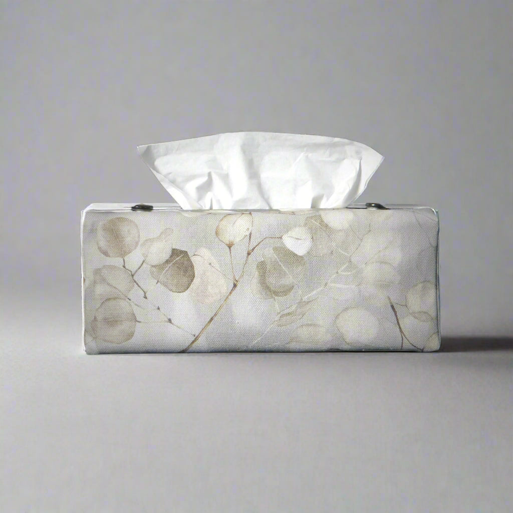 Printed cotton rectangle tissue box cover with lunaria leaf design on grey background