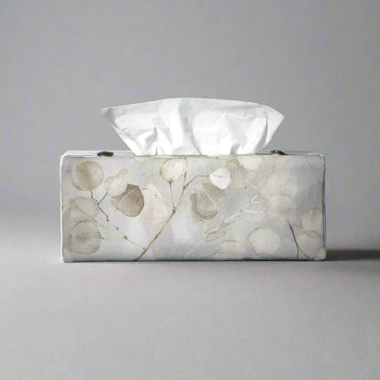 Printed cotton rectangle tissue box cover with lunaria leaf design on grey background