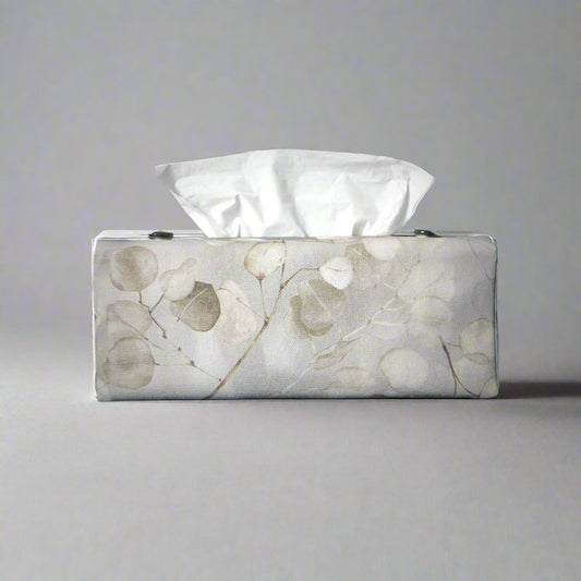 Printed cotton rectangle tissue box cover with lunaria leaf design on grey background