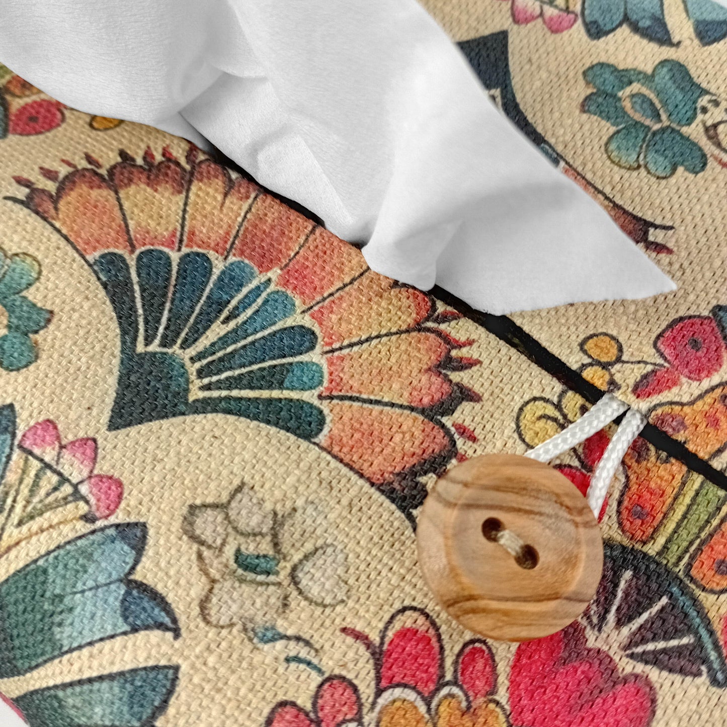 Linen tissue box cover with a colourful folding fan motif pattern on an antiqued tan background