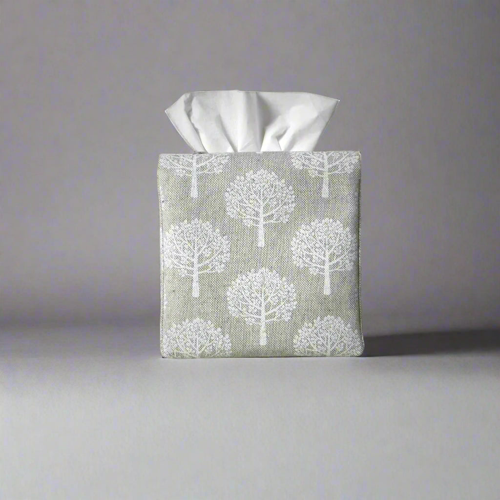 Printed cotton square tissue box cover with white mulberry tree design on taupe background