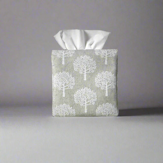 Printed cotton square tissue box cover with white mulberry tree design on taupe background