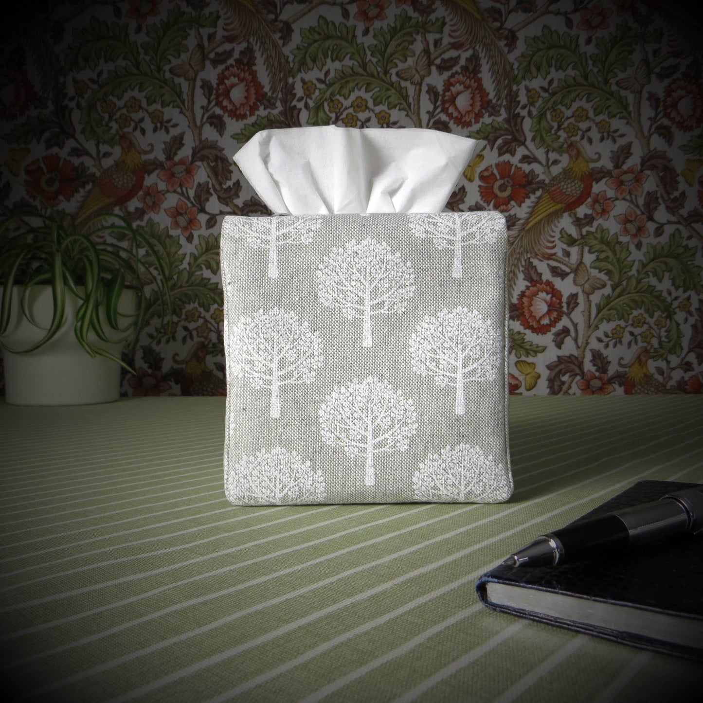Cube Fabric Tissue Box Cover - Mulberry Trees on Taupe