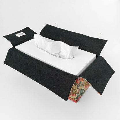 Linen tissue box cover with a colourful folding fan motif pattern on an antiqued tan background
