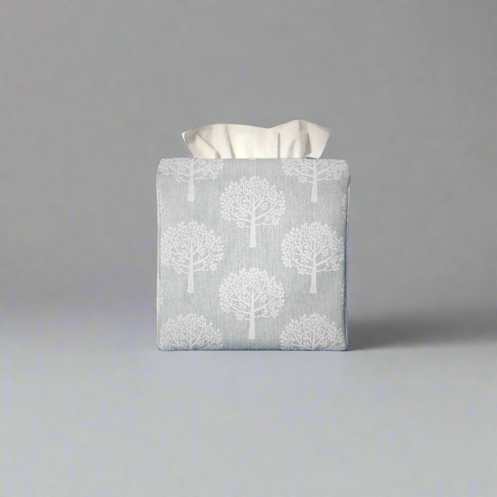Printed cotton square tissue box cover with white mulberry tree design on light blue background