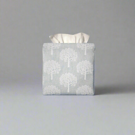 Printed cotton square tissue box cover with white mulberry tree design on light blue background