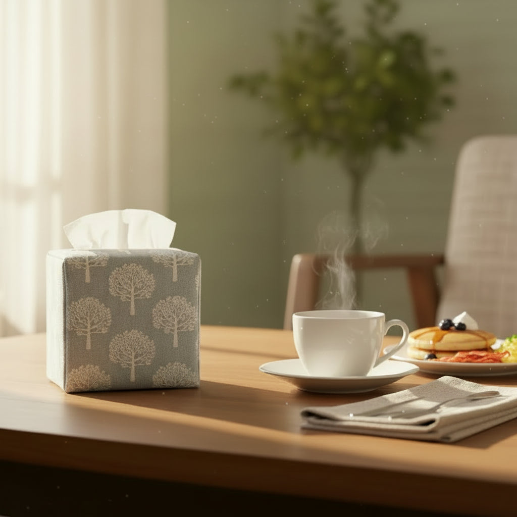 Printed cotton square tissue box cover with white mulberry tree design on light blue background