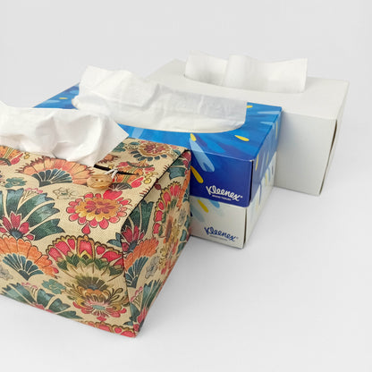 Linen tissue box cover with a colourful folding fan motif pattern on an antiqued tan background
