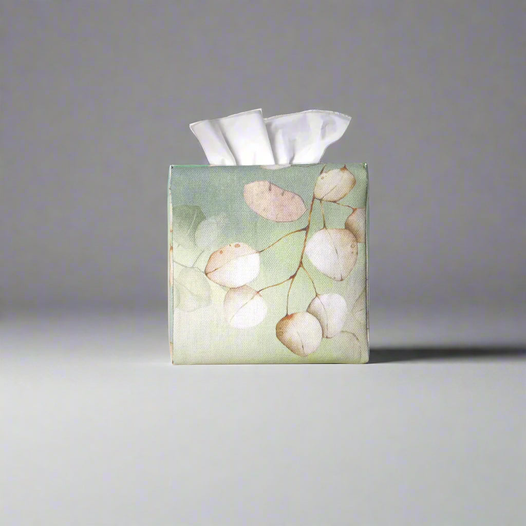 Printed cotton square tissue box cover with lunaria leaf design on green background