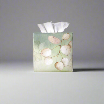 Printed cotton square tissue box cover with lunaria leaf design on green background