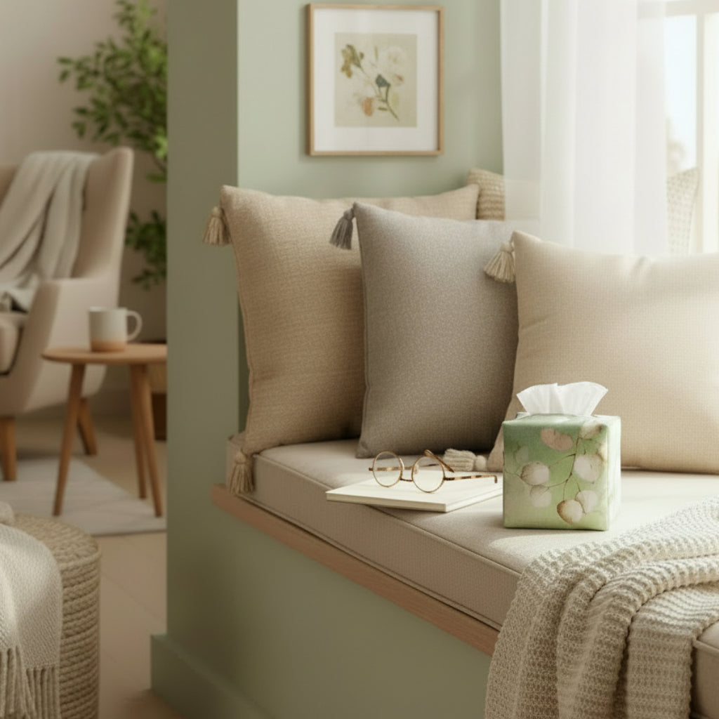 Printed cotton square tissue box cover sitting on a window seat in a contemporary home living room