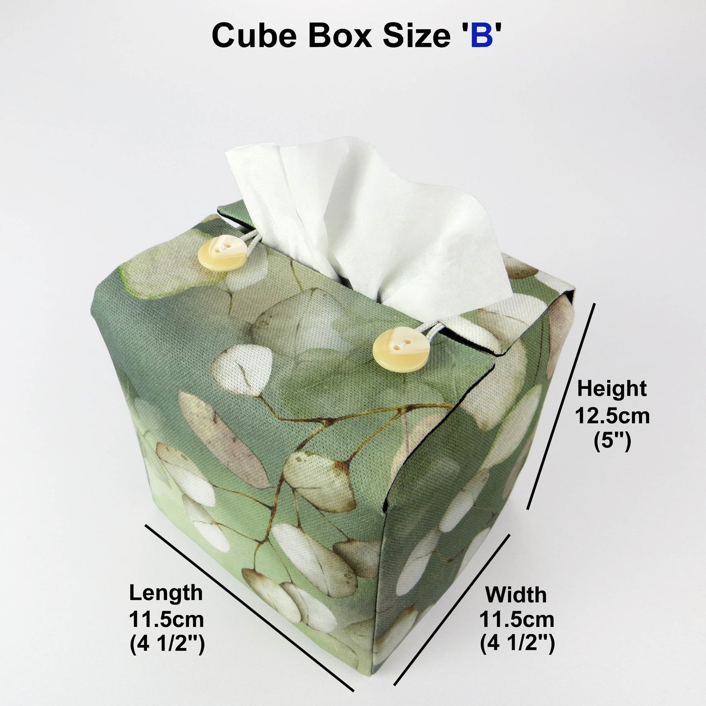 Printed cotton square tissue box cover with product details
